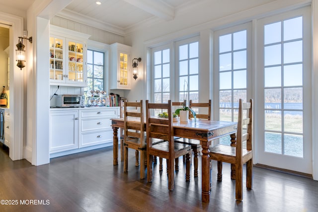 0 Wilson Cir, Rumson, NJ 07760 - dining space with dark wood finished floors, plenty of natural light, beamed ceiling, ornamental molding, and a water view