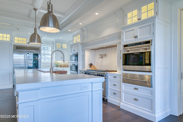 0 Wilson Cir, Rumson, NJ 07760 - kitchen featuring a warming drawer, appliances with stainless steel finishes, light countertops, white cabinetry, and glass insert cabinets