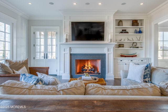 0 Wilson Cir, Rumson, NJ 07760 - living area with a warm lit fireplace, ornamental molding, dark wood finished floors, and recessed lighting