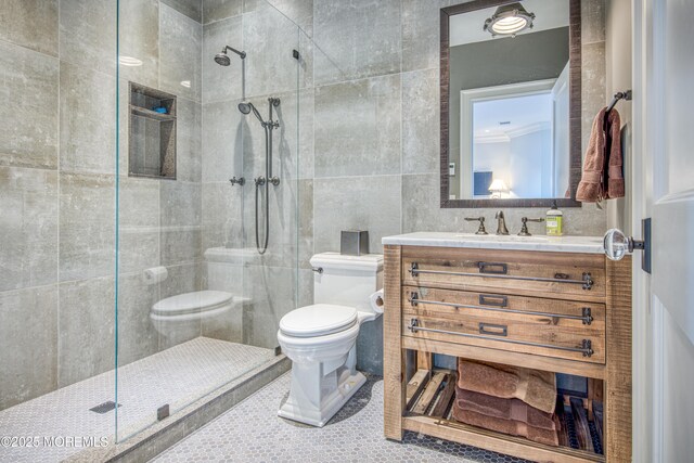 0 Wilson Cir, Rumson, NJ 07760 - full bathroom featuring toilet, tile walls, tiled shower, vanity, and tile patterned floors
