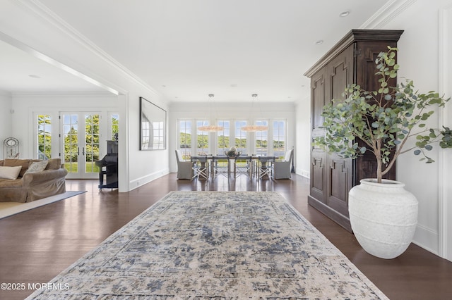 0 Wilson Cir, Rumson, NJ 07760 - entryway featuring french doors, baseboards, dark wood-style flooring, a chandelier, and ornamental molding