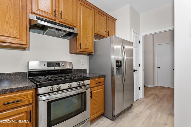 52 Straton Ct Unit 1006, Parlin, NJ 08859 - kitchen featuring stainless steel appliances, under cabinet range hood, dark countertops, light wood-style flooring, and brown cabinetry
