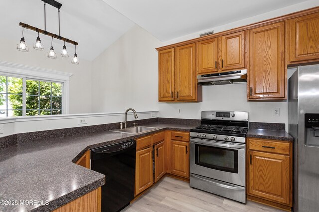 52 Straton Ct Unit 1006, Parlin, NJ 08859 - kitchen with appliances with stainless steel finishes, under cabinet range hood, a sink, brown cabinetry, and dark countertops