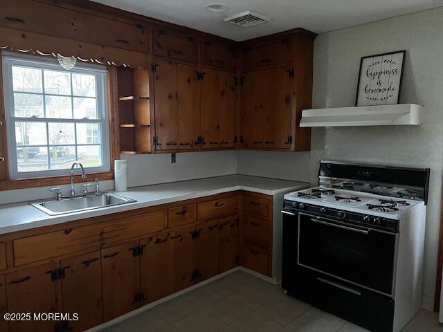 79 Davidson Mill Rd, North Brunswick, NJ 08902 - kitchen featuring gas range oven, a sink, under cabinet range hood, light countertops, and brown cabinets