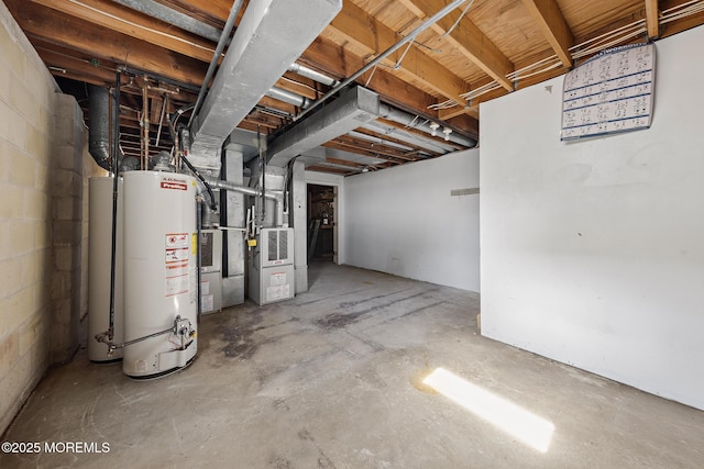 unfinished basement featuring water heater and heating unit