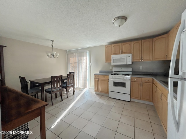 237 Falcon Dr, Little Egg Harbor, NJ 08087 - kitchen with white appliances, a chandelier, light tile patterned floors, light brown cabinets, and a textured ceiling