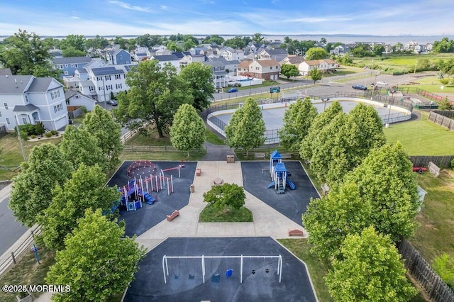 aerial perspective of suburban area with a park