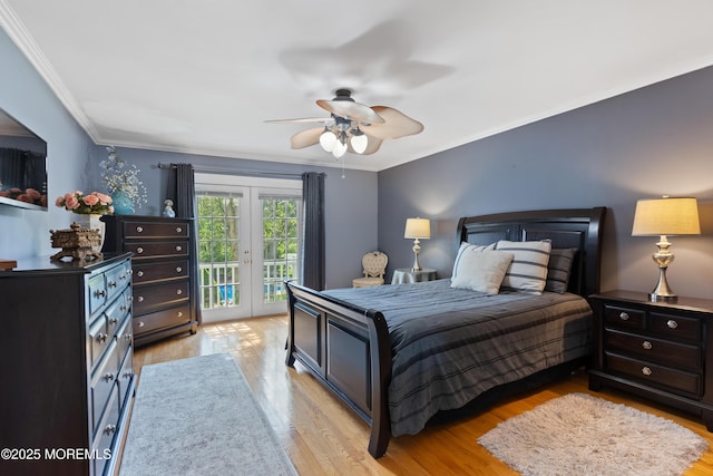 22 Cloverleaf Dr, Marlboro, NJ 07746 - bedroom with access to exterior, light wood-type flooring, crown molding, ceiling fan, and french doors