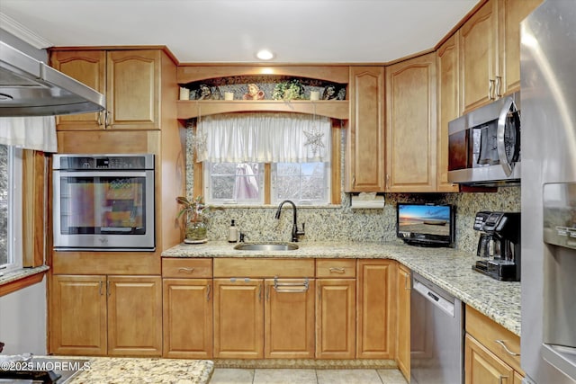 22 Cloverleaf Dr, Marlboro, NJ 07746 - kitchen featuring stainless steel appliances, a sink, light stone counters, tasteful backsplash, and under cabinet range hood