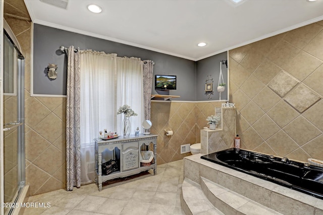 22 Cloverleaf Dr, Marlboro, NJ 07746 - full bathroom with tile walls, a stall shower, a bath, crown molding, and recessed lighting