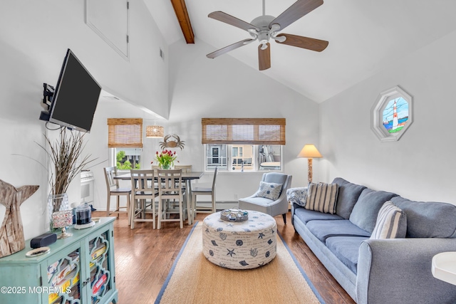 233 Harbor Dr, Lavallette, NJ 08735 - living room featuring a ceiling fan, wood finished floors, healthy amount of natural light, beamed ceiling, and a baseboard radiator