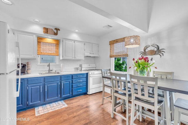 233 Harbor Dr, Lavallette, NJ 08735 - kitchen with white appliances, a sink, under cabinet range hood, blue cabinetry, and decorative backsplash