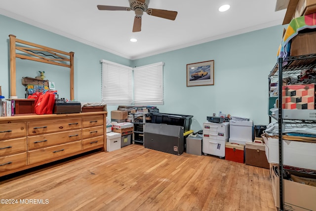 bedroom with light wood-style flooring, crown molding, recessed lighting, and a ceiling fan