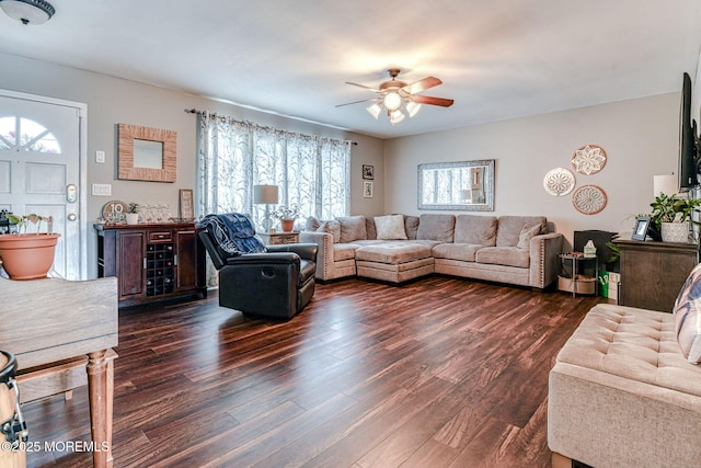 living room featuring a ceiling fan and dark wood finished floors