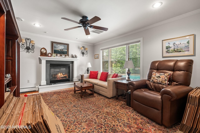 567 Deal Pkwy, Allenhurst, NJ 07711 - living area with a baseboard radiator, ceiling fan, crown molding, wood finished floors, and a glass covered fireplace
