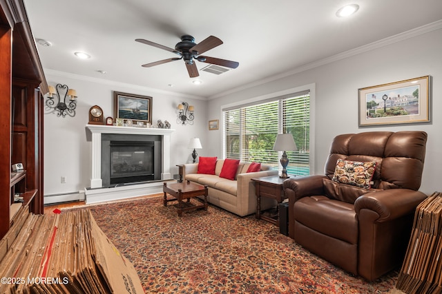 567 Deal Pkwy, Allenhurst, NJ 07711 - living area with a baseboard radiator, a ceiling fan, ornamental molding, wood finished floors, and recessed lighting
