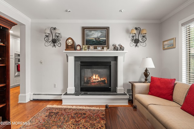 567 Deal Pkwy, Allenhurst, NJ 07711 - living room with a baseboard radiator, wood finished floors, plenty of natural light, crown molding, and a glass covered fireplace