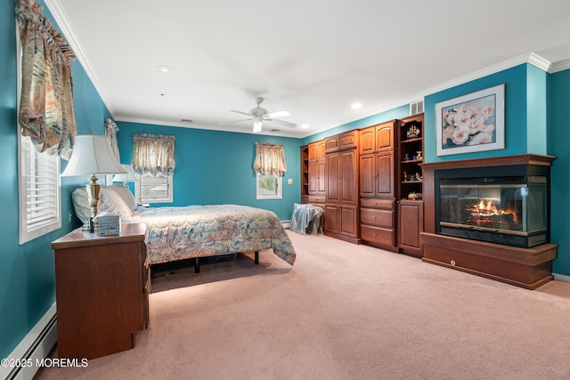 567 Deal Pkwy, Allenhurst, NJ 07711 - carpeted bedroom featuring crown molding, baseboard heating, a multi sided fireplace, recessed lighting, and baseboards