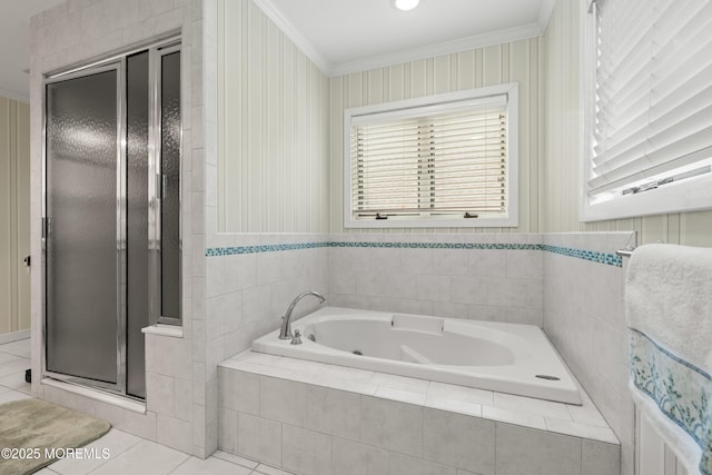 567 Deal Pkwy, Allenhurst, NJ 07711 - bathroom with a stall shower, ornamental molding, a bath, and tile patterned flooring