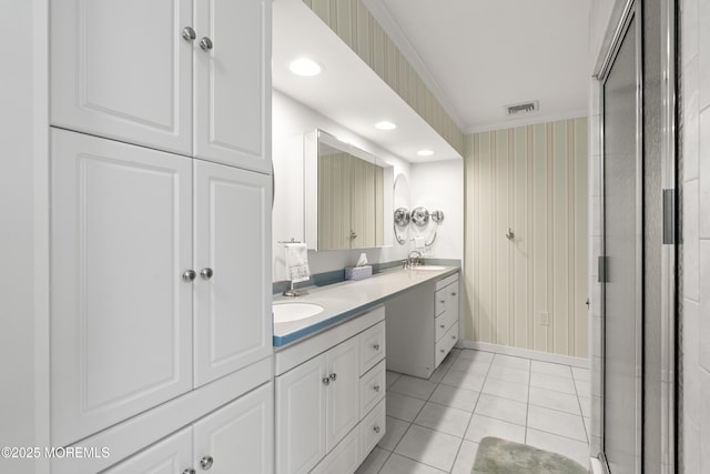 567 Deal Pkwy, Allenhurst, NJ 07711 - bathroom featuring double vanity, a stall shower, baseboards, tile patterned flooring, and crown molding