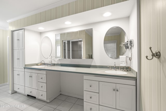 567 Deal Pkwy, Allenhurst, NJ 07711 - bathroom featuring double vanity, tile patterned flooring, ornamental molding, and recessed lighting