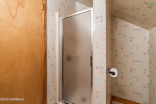 567 Deal Pkwy, Allenhurst, NJ 07711 - full bath featuring wallpapered walls, a stall shower, and vaulted ceiling