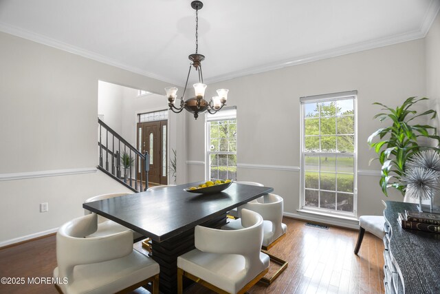 29 Jefferson Ct, Jackson, NJ 08527 - dining space with stairway, wood finished floors, ornamental molding, a chandelier, and baseboards