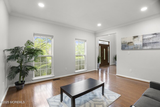 29 Jefferson Ct, Jackson, NJ 08527 - living room featuring ornamental molding, wood finished floors, recessed lighting, and baseboards