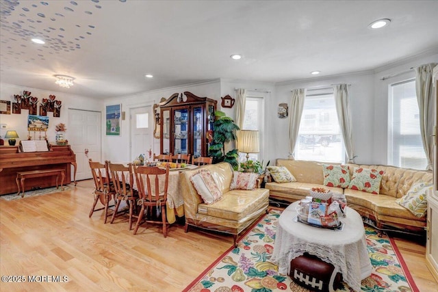 57 Shore Dr, Highlands, NJ 07732 - living room featuring crown molding, light wood finished floors, and recessed lighting