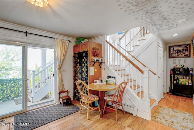 57 Shore Dr, Highlands, NJ 07732 - dining room with stairs, light wood-style floors, and recessed lighting
