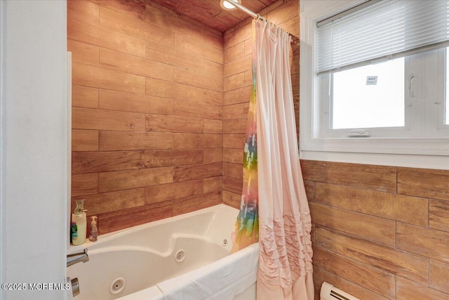 57 Shore Dr, Highlands, NJ 07732 - bathroom featuring a combined bath / shower with jetted tub and wooden walls