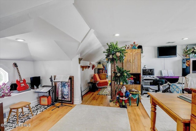 57 Shore Dr, Highlands, NJ 07732 - living area featuring a baseboard heating unit, an office area, light wood-type flooring, vaulted ceiling, and recessed lighting
