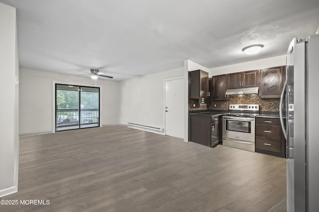 154 Cross Slope Ct Unit J, Manalapan, NJ 07726 - kitchen with stainless steel appliances, under cabinet range hood, a baseboard radiator, open floor plan, and dark brown cabinets