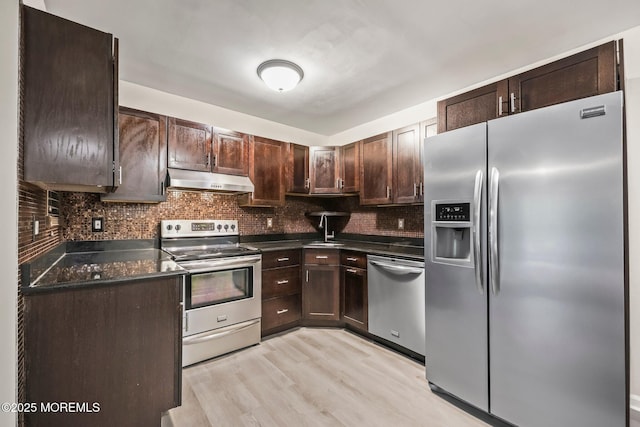 154 Cross Slope Ct Unit J, Manalapan, NJ 07726 - kitchen with stainless steel appliances, under cabinet range hood, dark countertops, and dark brown cabinets