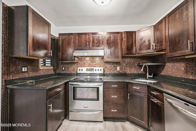 154 Cross Slope Ct Unit J, Manalapan, NJ 07726 - kitchen featuring appliances with stainless steel finishes, under cabinet range hood, a sink, and dark brown cabinets