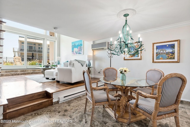 dining area featuring an AC wall unit, a chandelier, ornamental molding, and baseboards