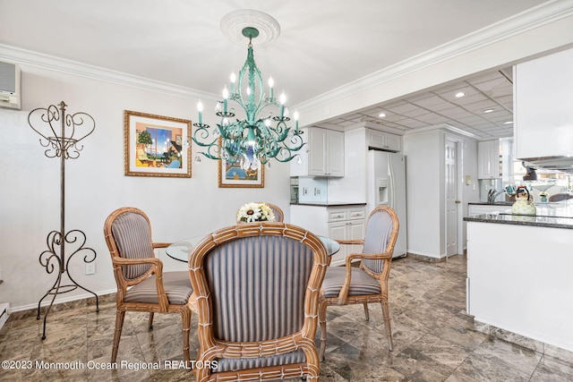 dining space with a chandelier, baseboards, crown molding, marble finish flooring, and recessed lighting
