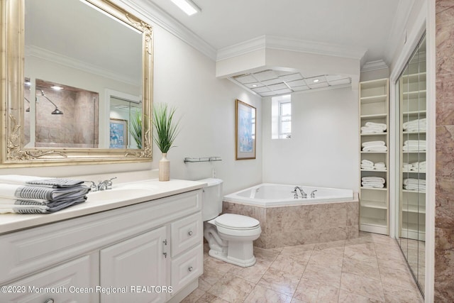 bathroom featuring a bath, ornamental molding, marble finish floors, vanity, and a tile shower