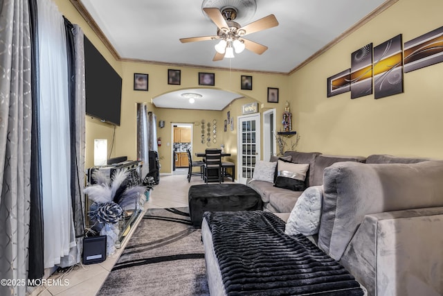 430 Myrtle Ave, Neptune Township, NJ 07753 - living area featuring light tile patterned flooring, arched walkways, ceiling fan, and crown molding