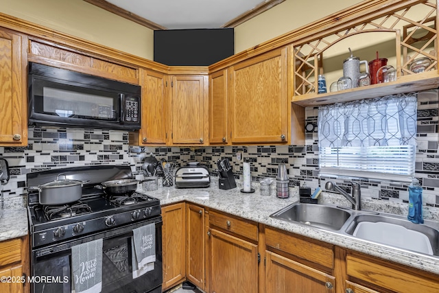 430 Myrtle Ave, Neptune Township, NJ 07753 - kitchen with black appliances, backsplash, a sink, light stone countertops, and crown molding