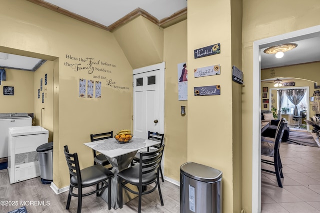 430 Myrtle Ave, Neptune Township, NJ 07753 - dining room with ornamental molding, washer and dryer, baseboards, and ceiling fan