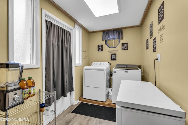 430 Myrtle Ave, Neptune Township, NJ 07753 - laundry room with independent washer and dryer, wood finished floors, and crown molding