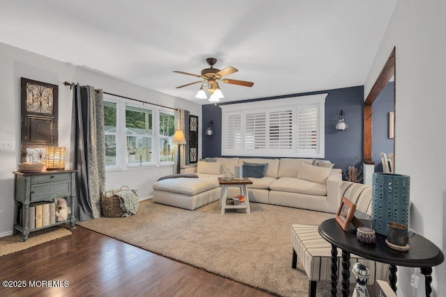 726 Hardean Rd, Brick, NJ 08724 - living area with a ceiling fan, wood finished floors, and baseboards