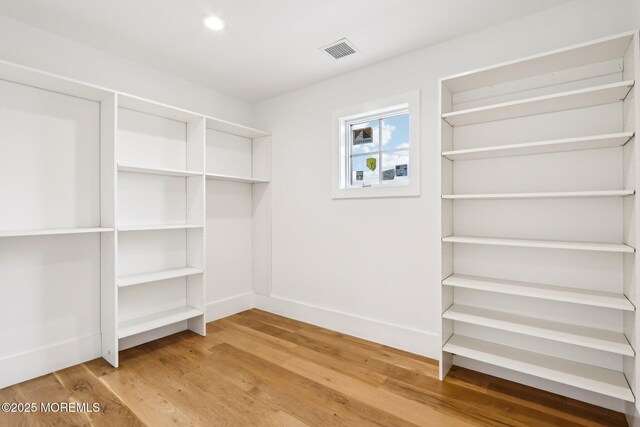 walk in closet with light wood finished floors