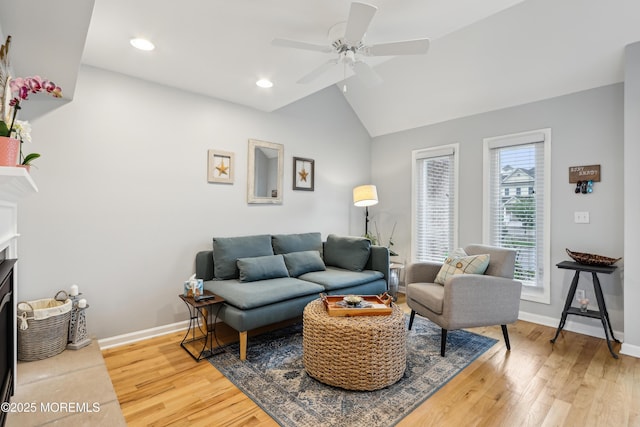 25 Meadow Ave Unit 30, Monmouth Beach, NJ 07750 - living room featuring lofted ceiling, light wood-style floors, baseboards, a ceiling fan, and recessed lighting