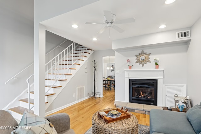 25 Meadow Ave Unit 30, Monmouth Beach, NJ 07750 - living area with stairs, wood finished floors, a ceiling fan, recessed lighting, and baseboards