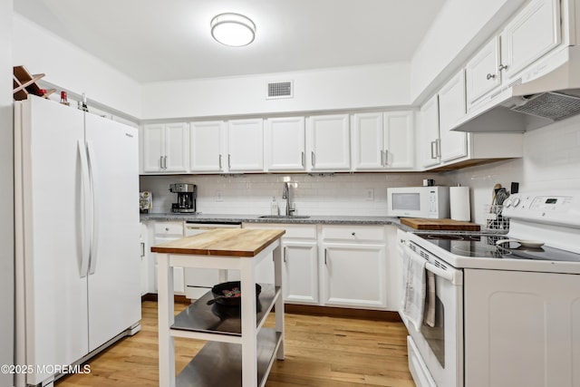 25 Meadow Ave Unit 30, Monmouth Beach, NJ 07750 - kitchen featuring white appliances, a sink, under cabinet range hood, wooden counters, and white cabinetry