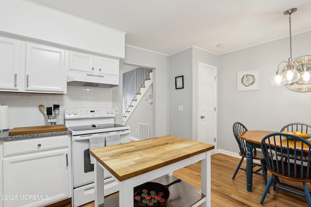 25 Meadow Ave Unit 30, Monmouth Beach, NJ 07750 - kitchen with under cabinet range hood, white range with electric cooktop, butcher block counters, backsplash, and white cabinetry