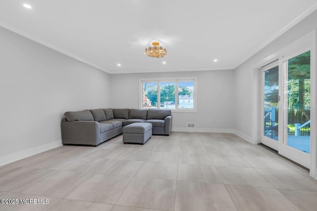 369 Norwood Ave, Long Branch, NJ 07740 - living area with baseboards, recessed lighting, crown molding, and light tile patterned floors