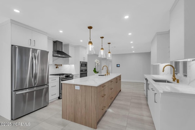 369 Norwood Ave, Long Branch, NJ 07740 - kitchen featuring appliances with stainless steel finishes, wall chimney range hood, modern cabinets, a sink, and recessed lighting
